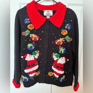 VTG Tiara International Ugly Christmas Sweater Cardigan Santa Gifts Beaded